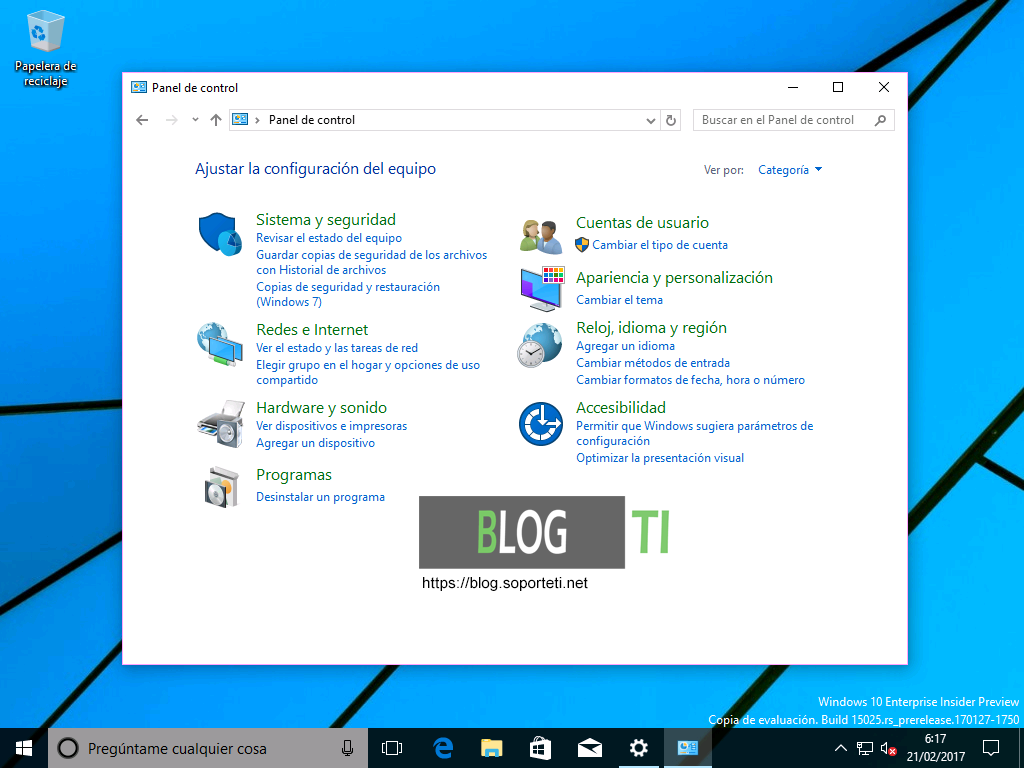 Panel de control - Windows 10 Creators Update